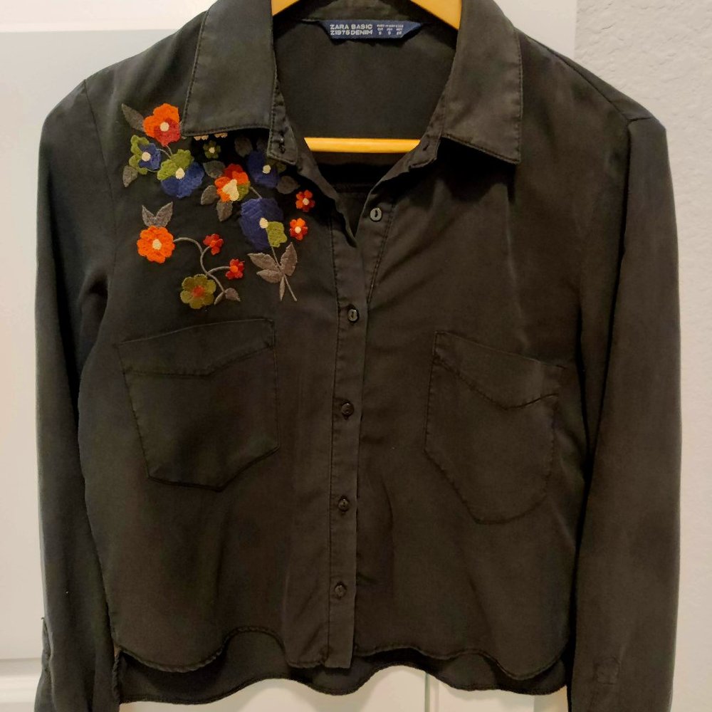 ZARA FLORAL EMBROIDERY SHIRT S BLACK